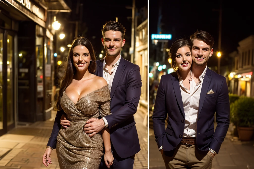 2heads, two headed girl next to her boyfriend, slightly curvy, age 21, Irish, light brown fair, fancy clothes, in fancy part of town, evening, happy, loving,