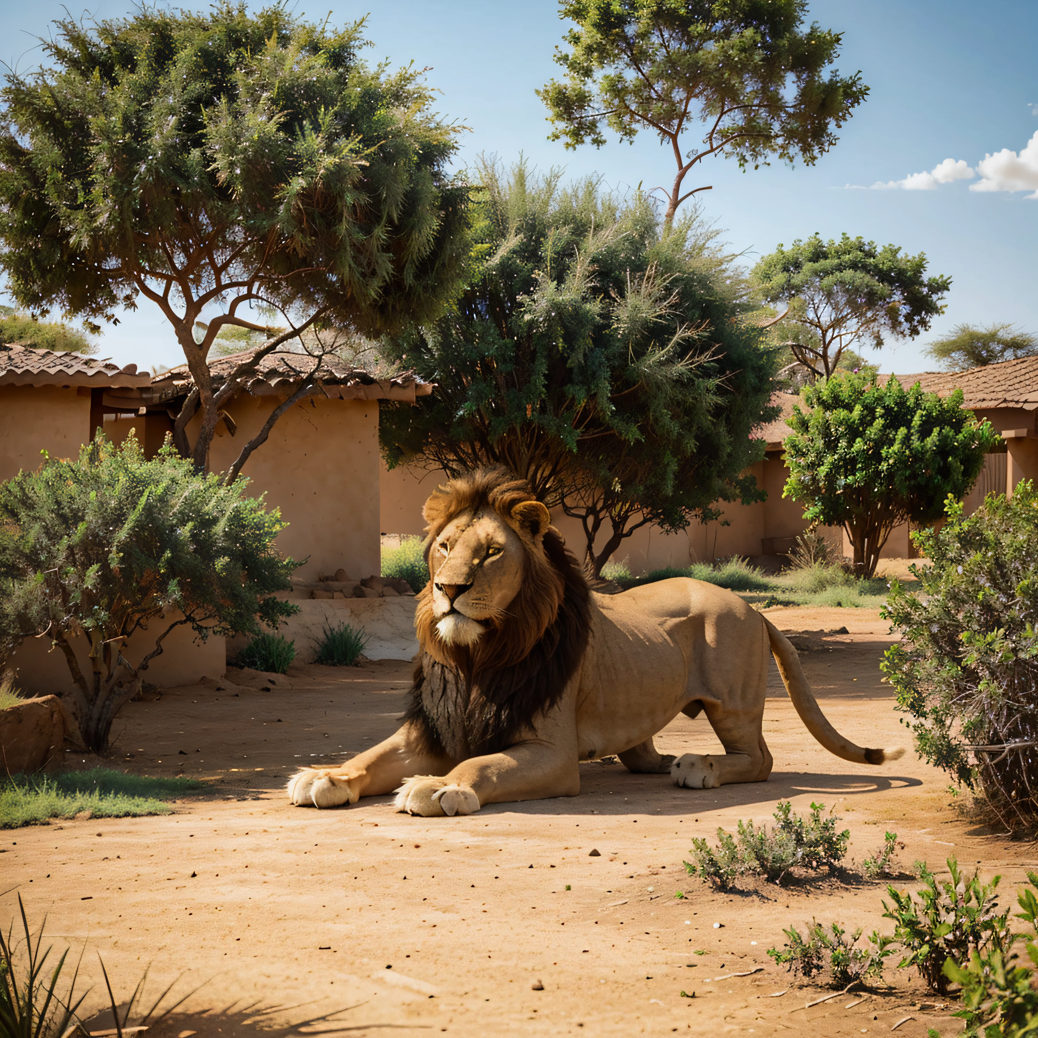 Two majestic and beautiful lions in Africa. A beautiful clear sky. A few bushes.cartoon.Animation Disney method