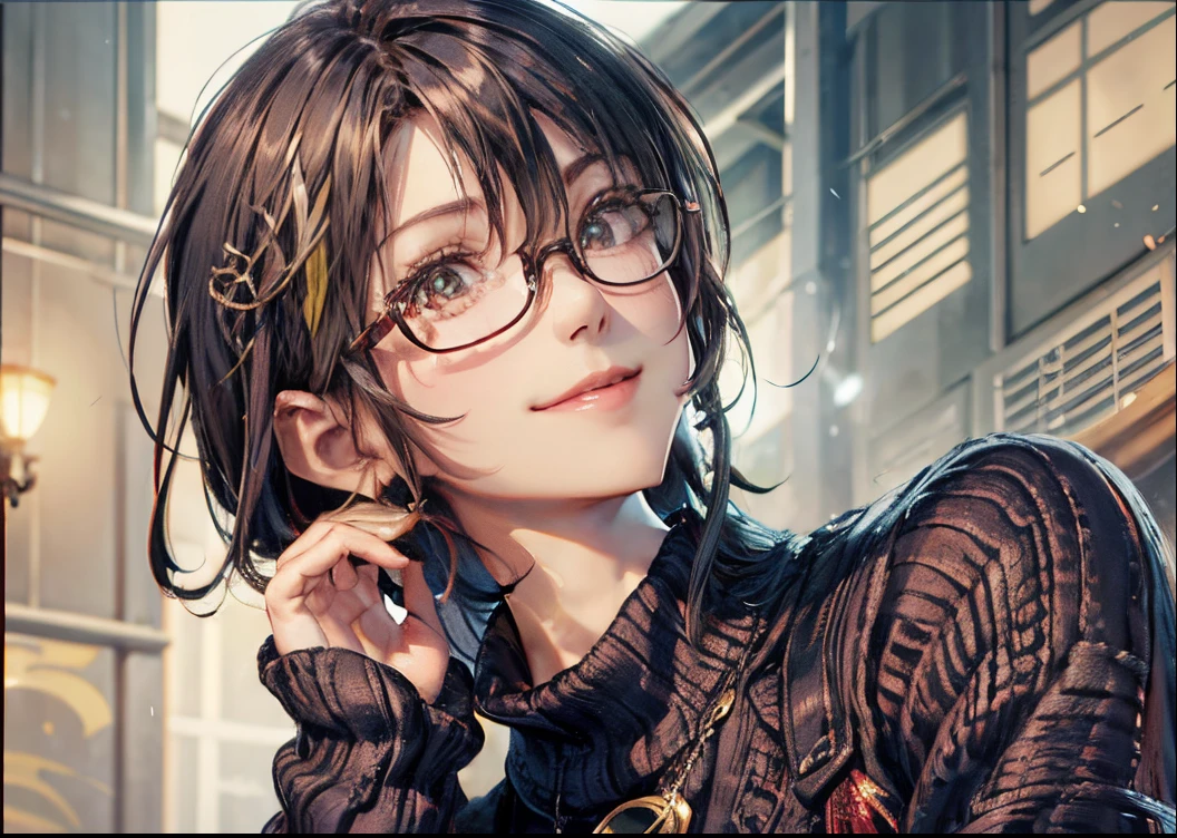 (masutepiece), Natural light, Photorealistic, Cameltoe, diffuse glow, depth of fields, big eye、Black eyes、profetional lighting、japanes、on top of the building in the background、Fantastic background、portlate、Invincible smile、ember、the man has sharp eyes、Brown knitted sweater、Eyes are black、asian human、A dark-haired、lightly permed hairstyle、Short hair、Wearing glasses、Ken Sato、