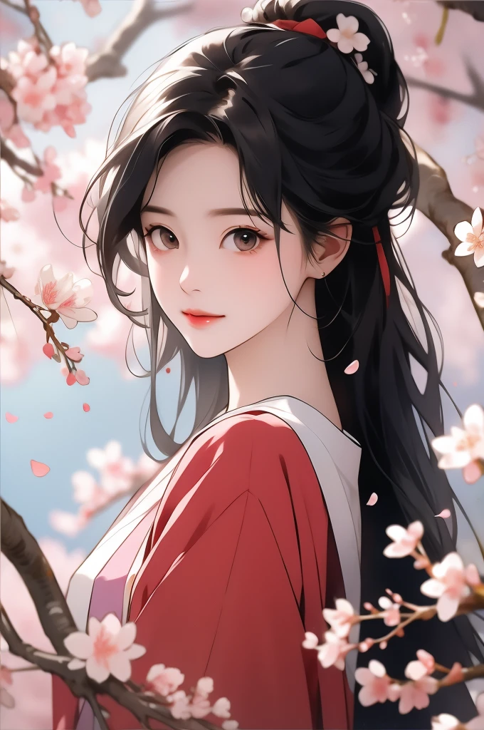 cherry_blossoms, falling_petals, solo,1girl,upper body, looking at viewer,