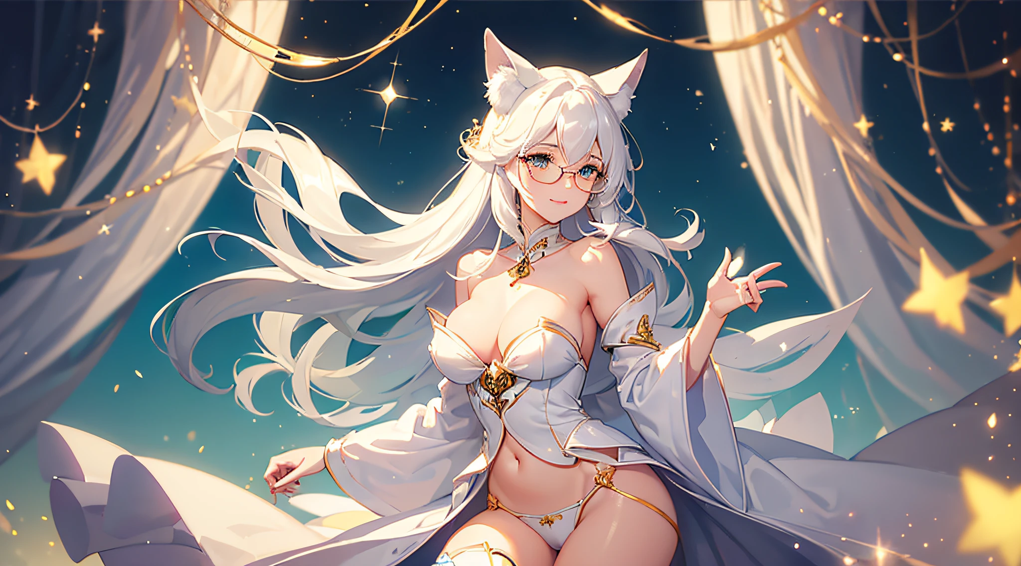 ((Best quality at best)), ((tmasterpiece)), (Detailed pubic hair), It's a perfect face,scantily clad, White Fox Maiden,touch fox, vividness. Carefree happy joy bokeh background. Quiet aesthetics. gentlesoftlighting. Artistic lighting. Amused,Gold wire rimmed glasses
