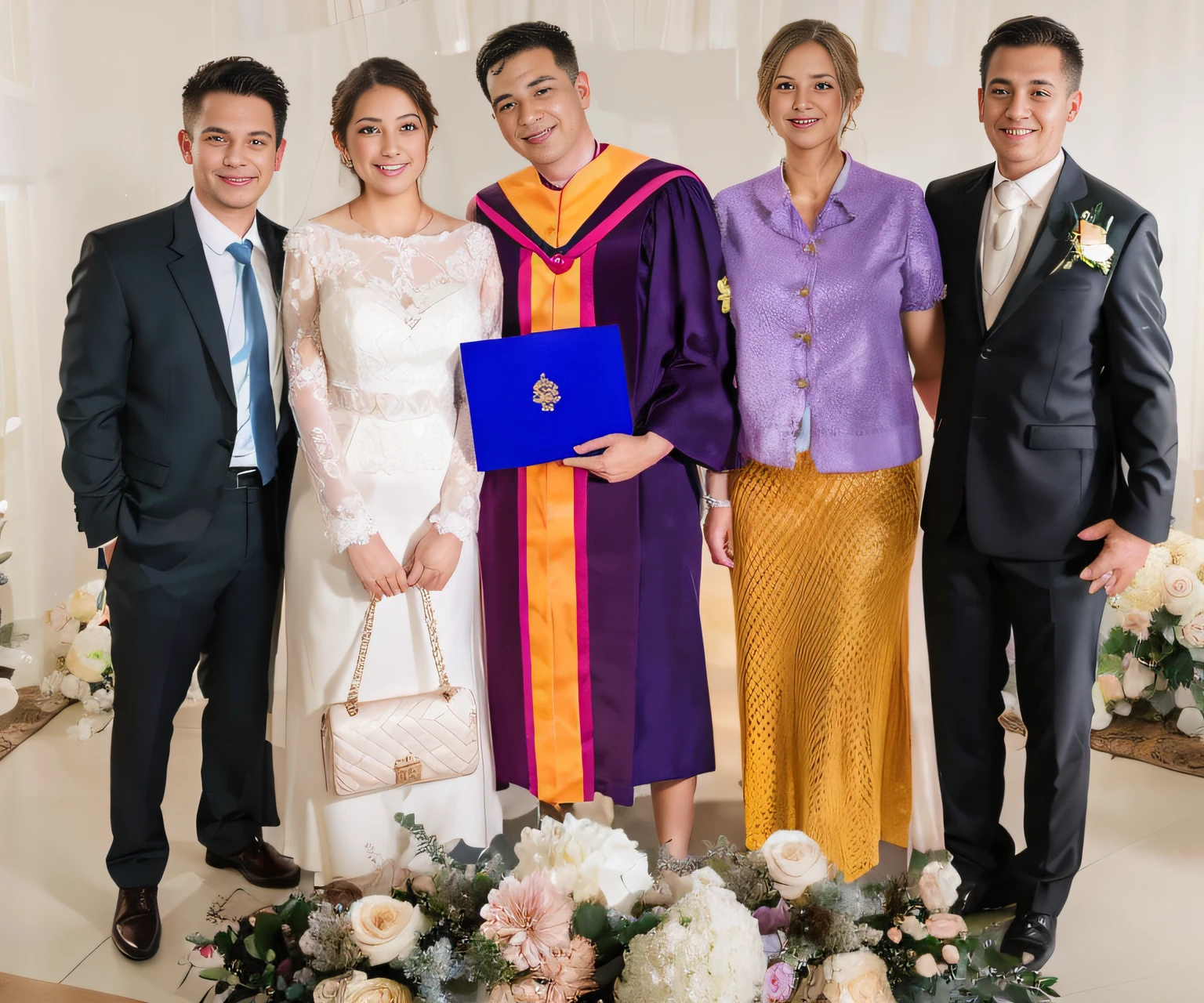 Four people standing together in front of a flower arrangement., graduation photo, wedding photo, scene, Ceremony pictures, color photo, Digital Photography, bridegroom, digital photograph, digital photograph, Maximum resolution, Colorful photos, photo taken in 2 0 2 0, wedding, master level, Available in many colors, Digitally painted, celebration, Wear a school uniform.., full protrait