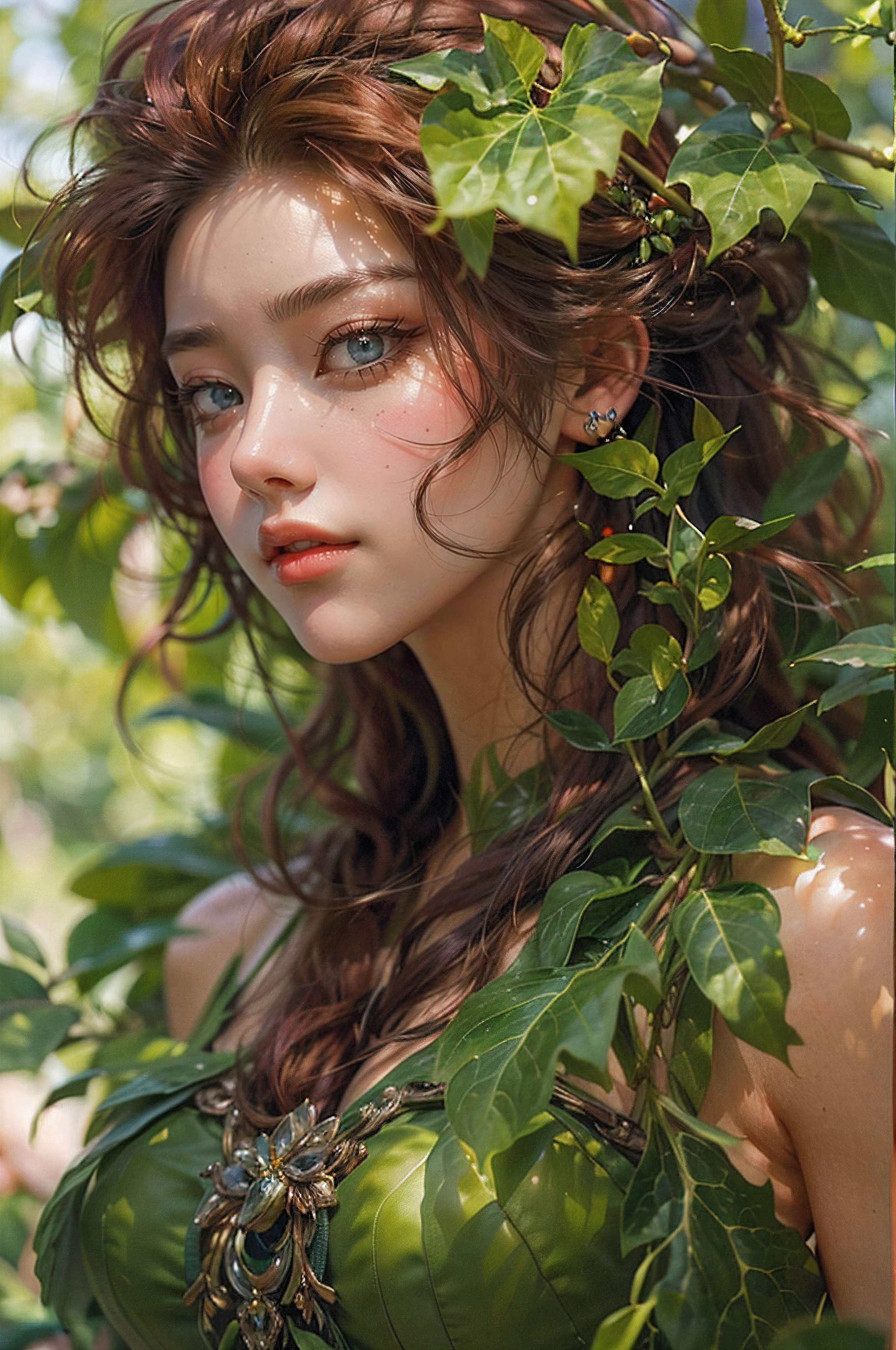 (masterpiece, best quality), super detail, highres, photorealistic, 8K, HD, 1girl, long hair, detailed eyes, detailed lips, detailed face, theme park, summers vibes, Poison Ivy costume, green dress, vines and leaves, intricate and ornate leaf patterns, morning sunlight, beauty and poison