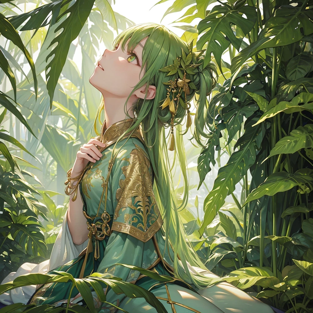 8K, Best quality at best, tmasterpiece, 超高分辨率, (girl blending in with plants,plant girl，light green white tone，glowing golden eyes，lianas，fern)，Beautiful Eyes and Face Details, Best quality at best, (Sit and kneel，looking up from the side)，(Super subtle，Super intricate botanical decoration，extremely high quality)
