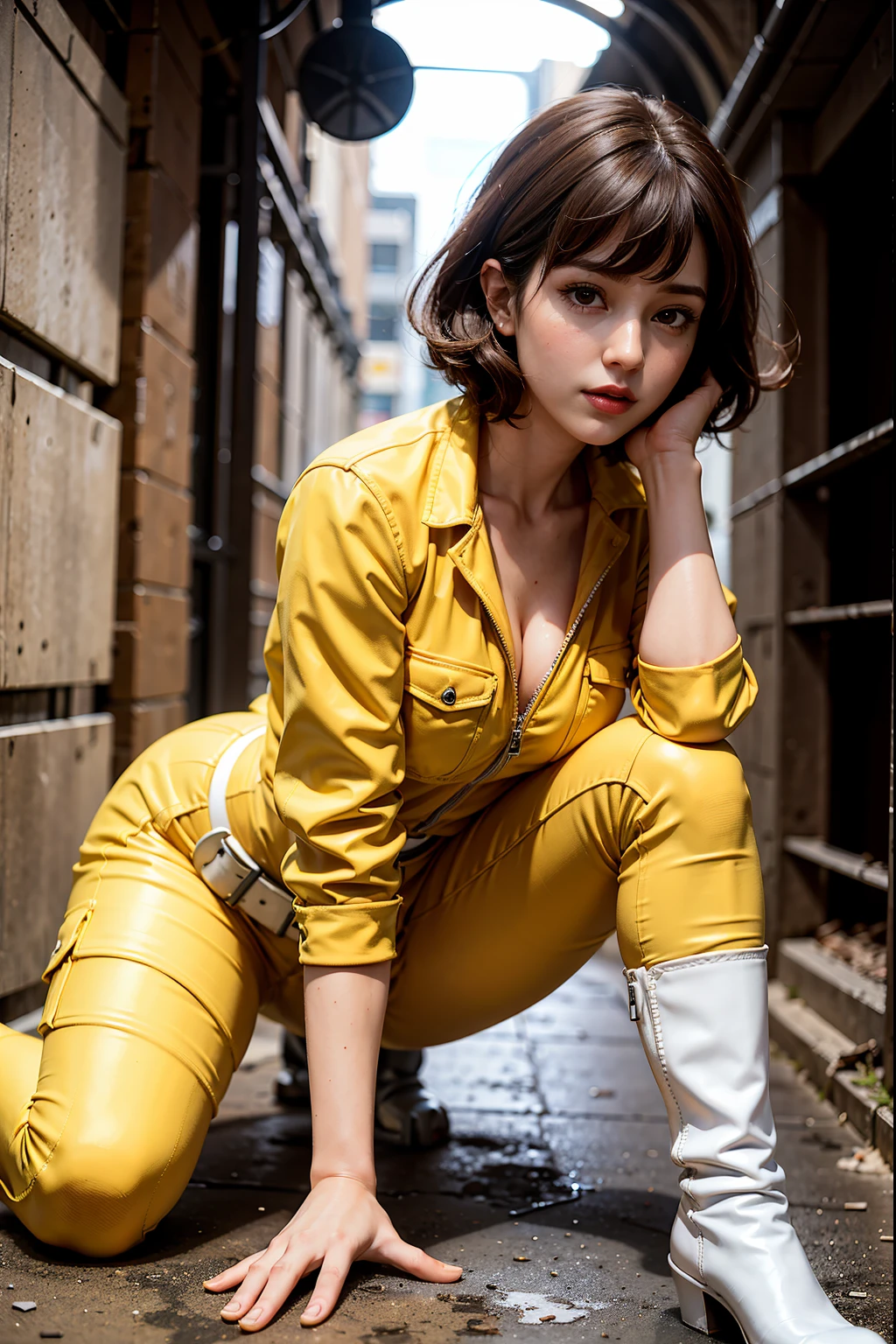 April O'Neil in a sultry pose, wearing a form-fitting yellow jumpsuit with a white belt and white boots. Dirty city background, underground sewer