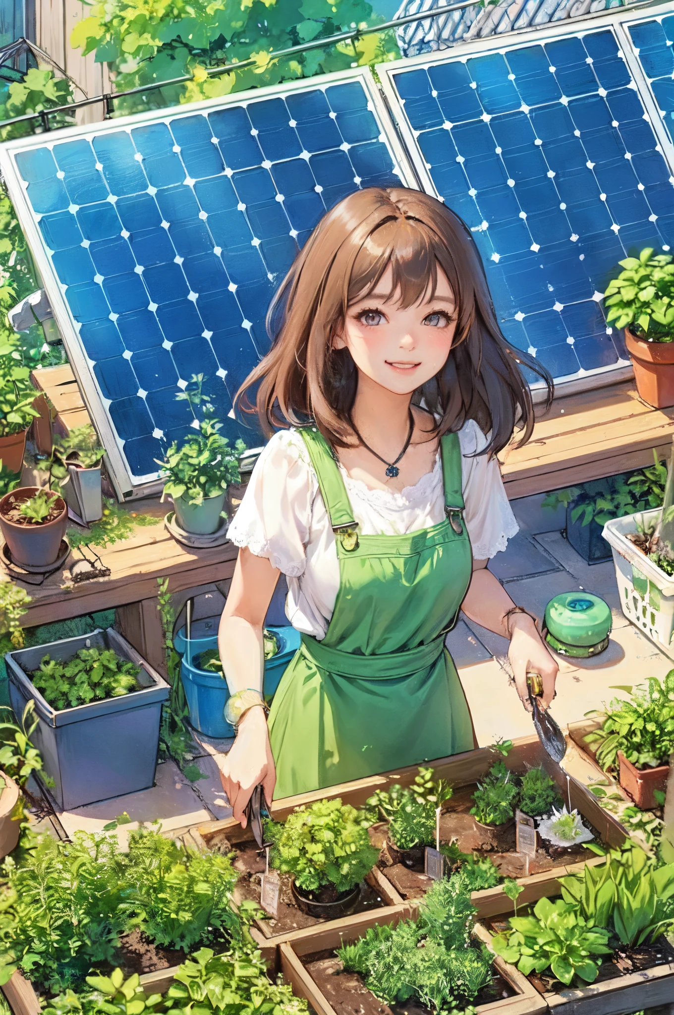 1lady solo, /(stylish outfit/), mature female, /(brown hair/) bangs, blush kind smile, (eyes sparkling with excitement), (masterpiece best quality:1.2) delicate illustration ultra-detailed, large breasts BREAK (working with a small scoop), (surrounded beloved plants) BREAK (renewable power energy plant:1.1) outdoors, /(solar panels/)