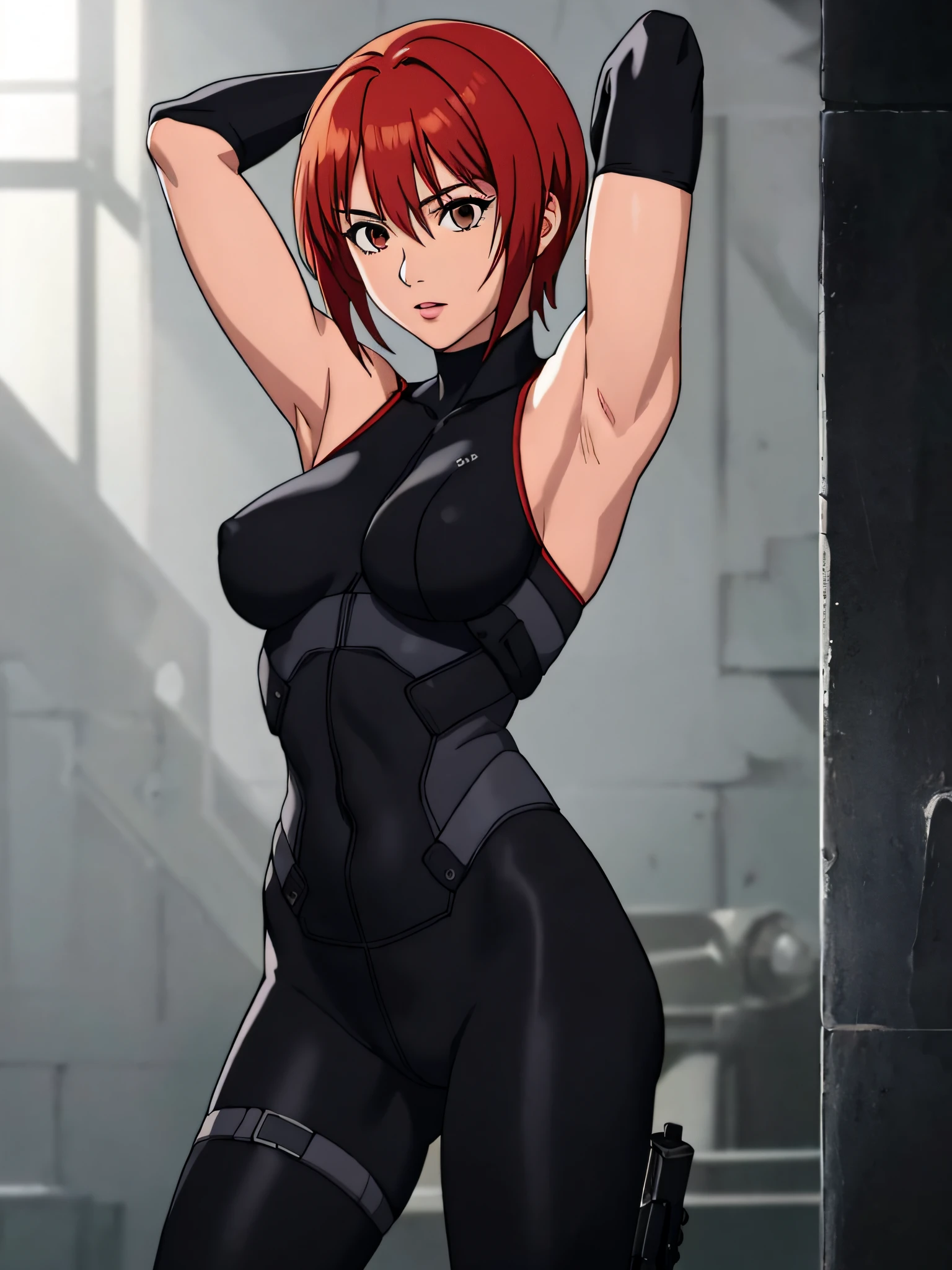 reginaDC, regina, dino crisis, 1girl, female, athletic woman, showing armpits, raised arms, arms up, arms behind head, posing, solo, masterpiece, shaved armpits, perfect proportions, black bodysuit, gray fabric layer under bodysuit, young, bare shoulders, tactical fingerless gloves, pistol