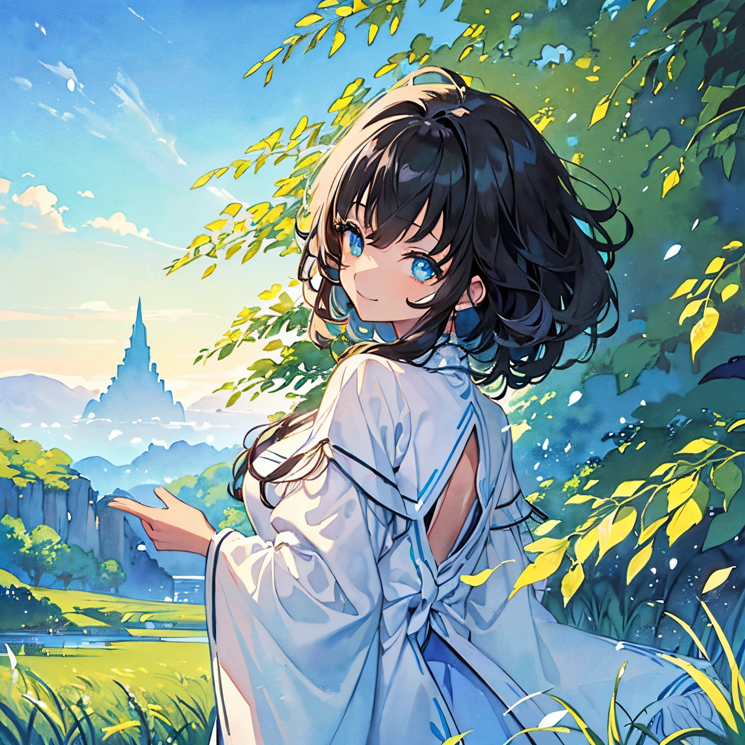 (​masterpiece、top-quality、top-quality、watercolor paiting(afro), Official art、(Beautifully Aesthetic:1.2)、(1girl in:1.3)、(Fractal Art)、(((Delicat eyes)))、turn、Looks Back、patterns、(Black hair)、naturey、grass field、blue-sky、A smile、Splashes of bright colors