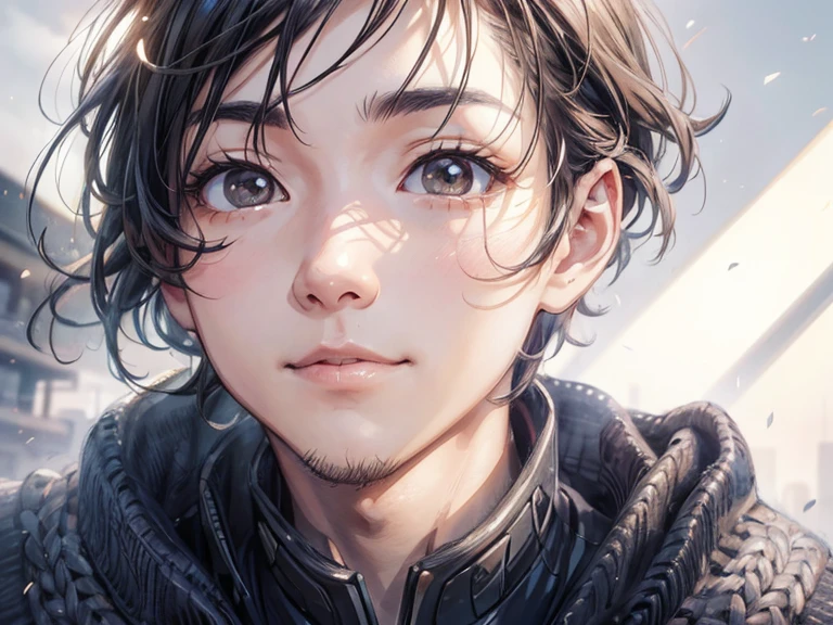 (masutepiece), Natural light, Photorealistic, Cameltoe, diffuse glow, depth of fields, big eye、Black eyes、profetional lighting、japanes、on top of the building in the background、Fantastic background、portlate、Invincible smile、ember、the man has sharp eyes、Brown knitted sweater、Eyes are black、asian human、A dark-haired、lightly permed hairstyle、Short hair、Ken Sato、