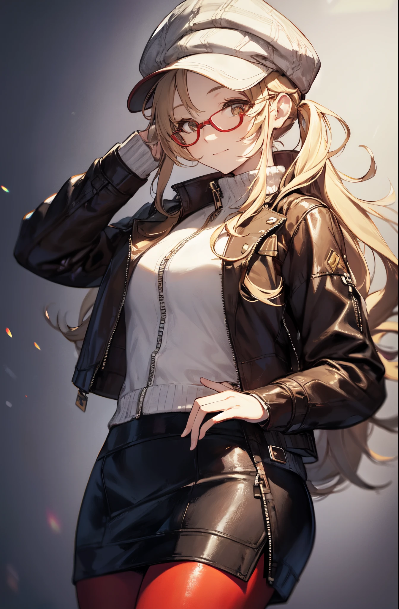 masterpiece, concept art, centered, close up shot, portrait, standing, 1girl, Melania, reverse 1999, glasses, long blonde hair, leather jacket, white sweater with zipper, black skirt, red legging, flat cap, museum background