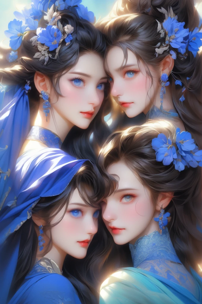 two beautiful women in blue dresses with blue flowers and leaves, beautiful gemini twins portrait, beautiful gemini twins, artwork in the style of guweiz, 8k high quality detailed art, beautiful sci - fi twins, guweiz, fantasy art style, wlop and sakimichan, trending on cgstation, beautiful gemini good and evil, two beautiful anime girls