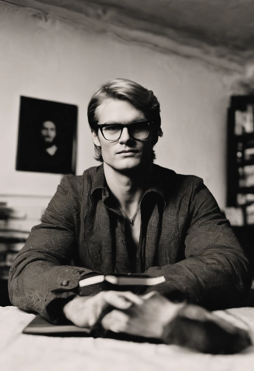 A photo of Jeff in a dimly lit room, surrounded by a stack of dark, twisted poetry books and a jar of preserved animal specimens.,original,Jeff is tall, broad, muscular, with blonde hair and blue eyes, aviator glasses, 1970s aesthetic. Jeffrey Dahmer, male