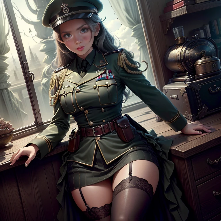 Estilo 1940、(1 cinta)、(tmasterpiece、topo Quoridade、melhor qualidade、Beauty and Aesthetics、1.2)、German military uniform sexy、vibrante com cores、uniforme de camuflagem sexy、Armado com arma de fogo