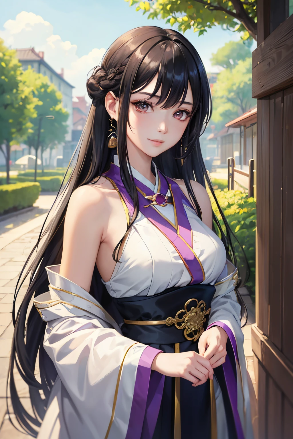 masterpiece, top-quality、8K,  anime girl, 20 year old, long black hair , ornamental accessory on hair, outdoor sunny garden, a character portrait by Yang J, Trend of CGsociety, Fantasy art, a beautiful anime portrait, detailed portrait of an anime girl, A girl in Hanfu, Guviz-style artwork, Beautiful anime girl, portrait anime girl, Beautiful character painting, Guviz, Portrait of an anime girl,  (perfectly detailed face), ((well detailed hand, normal hands)), photorealistic image, depth of field, raytracing, warm smile, cowboy shot, standing, upper body, purple clothing, bare shoulders, slim waist, angelic face