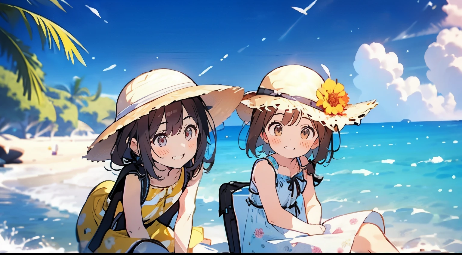 twogirls,A man wearing a yellow floral shirt and a floral hat,A person wearing a white dress sits on top of a blue suitcase,Both looked at the seaside