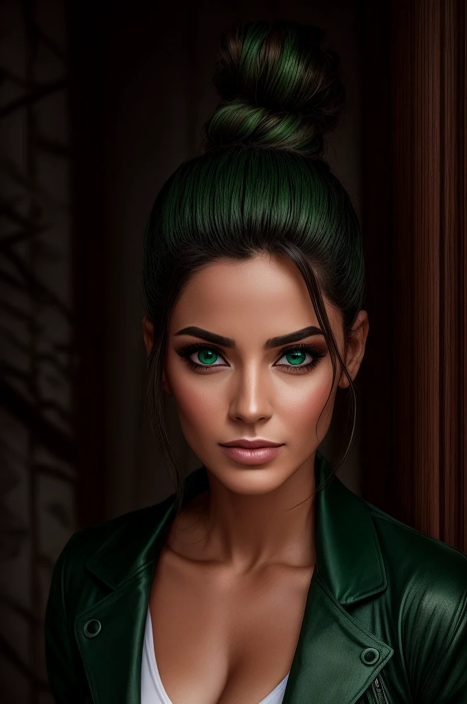 "Generate an image that reflects the wild and aggressive expression of this person.. Sus facciones son marcadas, con una nariz chata, full lips and defined jaw, aunque su barba recortada la oculta por completo. She wears a high bun that gathers her dark hair..., a pesar de recordarle con el cabello corto. La imagen impresiona.
Se desabrochan los primeros botones de la camisa., giving the impression of being careless or perhaps having been drinking. No lleva corbata, sugiriendo que puede haberla lanzado, pero el tiene una chaqueta negra. Sostiene un reloj de oro en la mano derecha. Tu piel esta bronceada, como siempre, and her wild green eyes add a striking touch to the scene.."