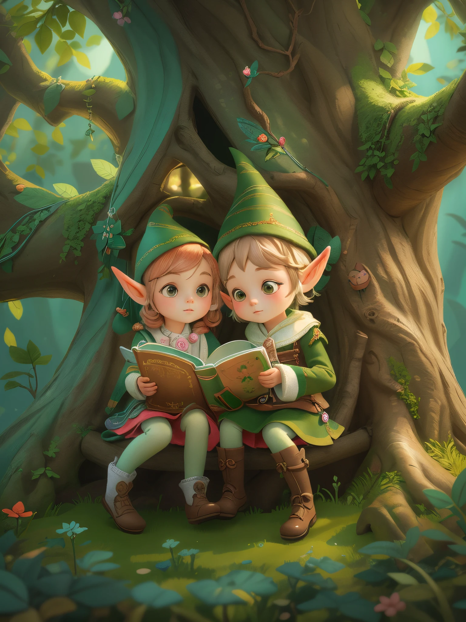 There are two elves sitting in the tree reading a book, Children's Art Art Station, Cute and detailed digital art, lalafell, elf forest background, Cute 3d rendering, stylized 3d render, lovely digital painting, Lovely detailed artwork, detailed 2d illustration, fantasy art style