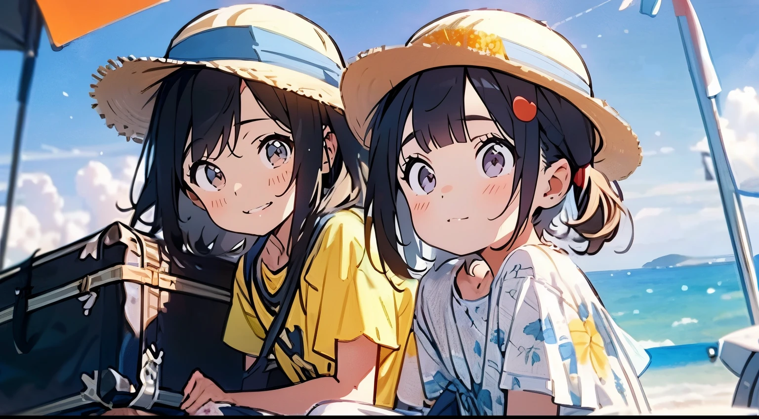 twogirls,A man wearing a yellow floral shirt and a floral hat,A person wearing a white dress sits on top of a blue suitcase,Both looked at the seaside