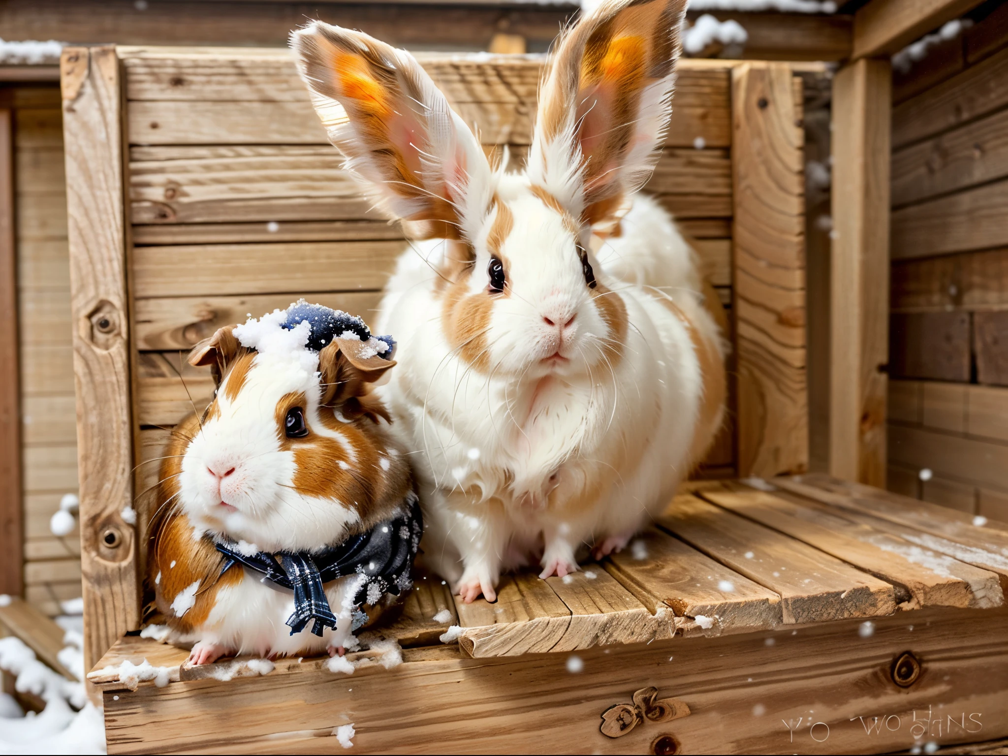 there is one rabbit and one guinea pig sitting on a wooden box together, they are close to each other, very cute, furry, snowing