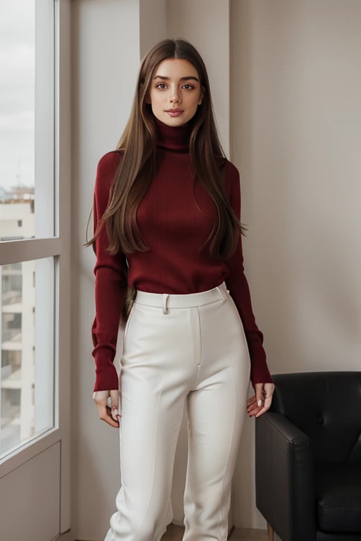 long full hair, wearing red turtleneck jumper, no cut outs, wearing high waisted white trousers, elegant setting, small silver bag in right hand, wearing elegant black heeled boots, full body picture, looking at the camera, some freckles, dark blonde hair, brown eyes, full lips, realistic, light background, luxury apartment background