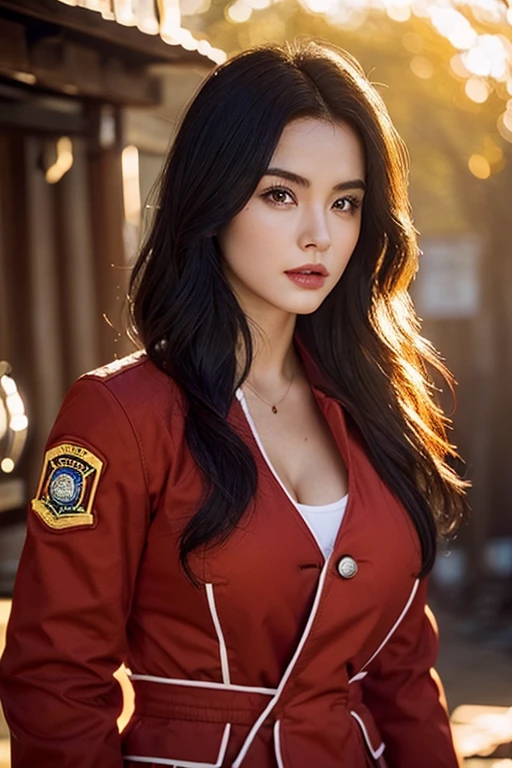 huge tit、red firefighter、jaket, Beautie、cute little、Fire building on the background、the morning sun、Professional Photography、The whole body is shown、30-year-old woman with、slim figure、large full breasts、Beautuful Women１a person、european face、（Black hair）、Adobe Lightroom、Model body type、huge tit、Photorealsitic、Professional Lighting、tmasterpiece、Very delicately beautiful、