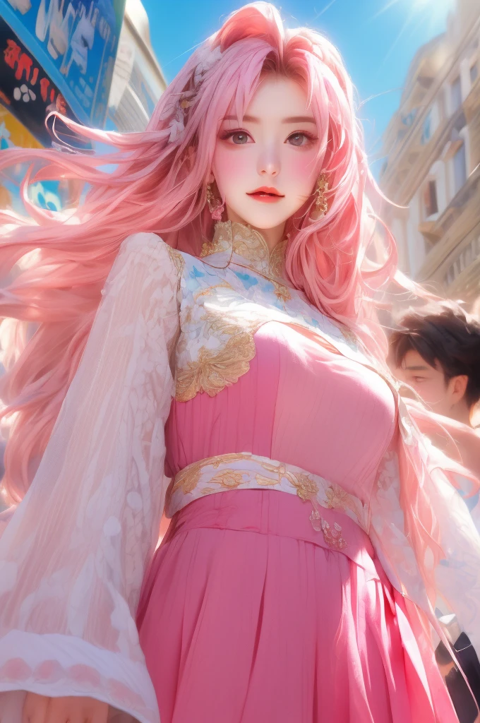 masterpiece, best quality, highres, absurdres, 1girl, crowd, skirt, pink hair, gasai yuno, from below, revealing clothes, skindentation, outdoors, sunlight, street, looking at viewer, blush,