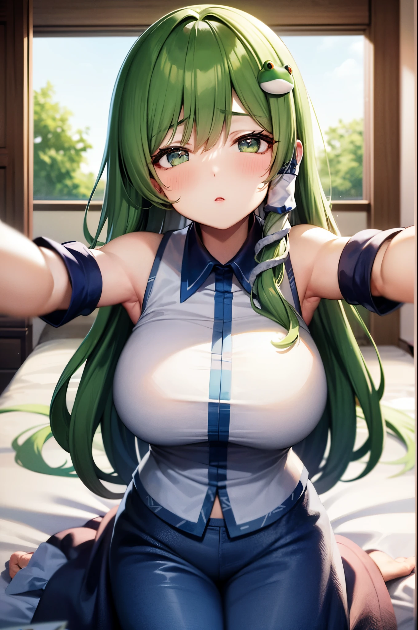 ​masterpiece, Best Quality，top-quality，{{{***1人}}}，独奏，{{{Sanae Dongfeng Valley/kochiya sanae}}}，{{{frog hair ornament}}}，light green hair，Long Wave Hair，hair tubes，Green eyes(Eyes of Hearts)，red blush，{{Big breasts}}、Bedroom background、Only the upper body is visible、A slender、fullnude、Courtship action、Face during estrus、Beautiful breasts、a closeup、Lying on your back