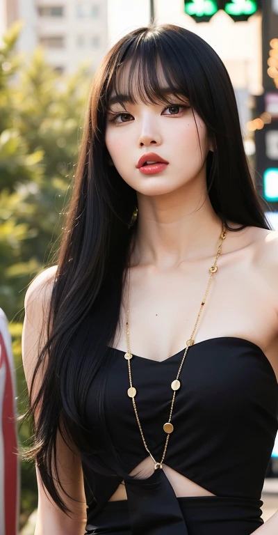 Araffe asian woman with long black hair and a black dress, Cuello atractivo, hembra con pelo largo y negro, Heonhwa Choe, Hermosa mujer surcoreana, Modelo de moda femenina coreana, usando una cadena de oro, cabello negro largo y delgado, Hermosa joven coreana, Jaeyeon Nam, Lee Ji-eun, Lee Ji - Eun, Hermosa joven coreana