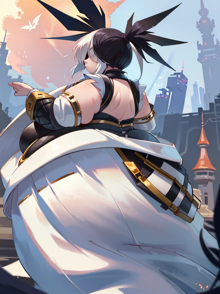 (masterpiece, best quality:1.3) Obese SmiteNox, Obese 1girl, covered eyes, white hair, from behind high detail, big butt, back pose, digital painting, Pixiv, Artstation, High contrast, dramatic lighting, obese sharp focus