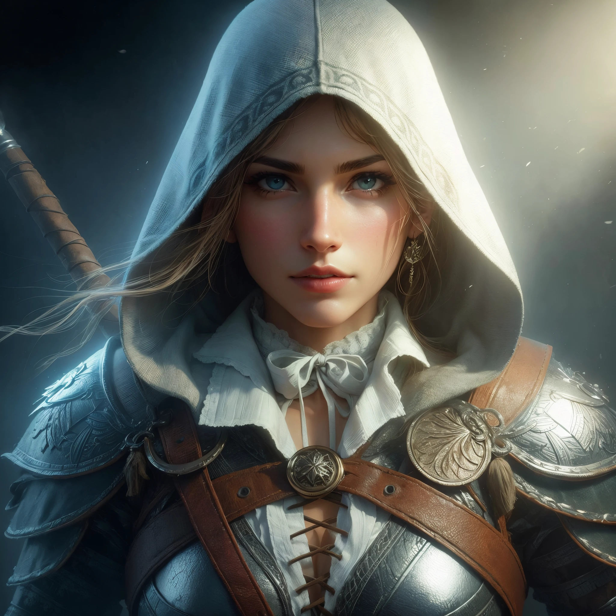((((((only one person in the image))))), (skindentation:1.5), realistic, photorealistic, (masterpiece:1.5), concept art, intricate details, highly detailed, rendering octane, 8k, unrealistic engine, dynamic pose, best quality, high resolution, ((dramatic)), epic, depth of field, 8k, particles, (realistic face:1.1, hyperrealistic:1.1), ((1girl, close-up, big breasts, perfect eyes, detailed eyes, high quality eyes, perfect face, high quality face, shiny skin:1.2, shiny face: 1.2, embarrassed, blush: 0.8)), server, rustic tavern interior in the background, jug, sign, jovial fantasy atmosphere, detailed background, blurry wooden bar table as foreground, (((dark hair, dark eyes, perfect hands))), ((thief, rogue, assassin, dagger, short sword, open locks, leather cloth, padded cloth, belt, purse, boots, robe, hood, rope, poison, amulet, cape))