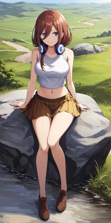 ((full body)), 2d, masterpiece, best quality, anime, highly detailed, 1girl, solo, cowboy shot, nakano miku, brown hair, hair between eyes, , headphones, Crop top , medium breasts , skirt, miniskirt, , ((sitting on rock)), , outdoors, smile