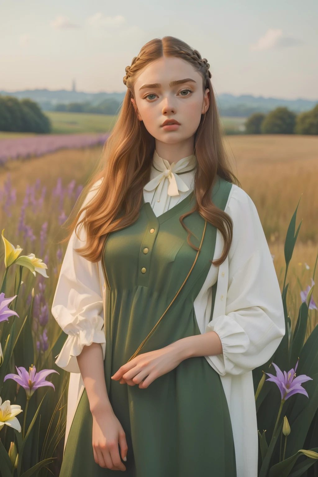 2020, London. Pre-raphaelite 18-year-old Kristine Froseth, country house, idilic, tall grass, lillies, irises, rill, hill, ((((casual clothing from the 2020s)))), ((Hairstyle of the 2020s)), ((Wes Anderson cinematic style)), colorful