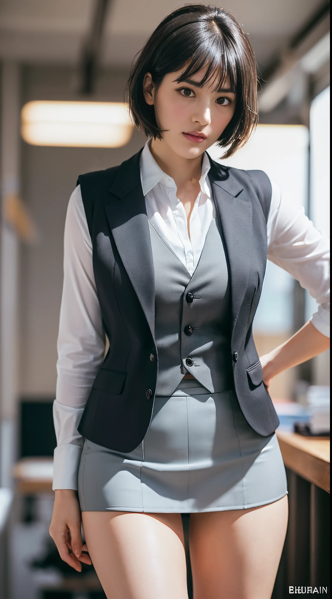 masutepiece, , ,(japanes), (Fantasy Library Background), (((White shirt))),((()))(((Gray office suit tight skirt and office vest))), (),, (Colossal tits), , ,(((Shorthair))(, , (Skin Texture:1.1), Best Quality, 超A high resolution, (Photorealistic: 1.4), Raw photo, , nikon d850 film stock photograph, F1.6 lens, Rich colors, Realistic, cinestill 800, Backlight, Rim lighting, Studio Lighting, ,((( A dark-haired))),(((full body Esbian))(((Facing the front)))(((mediocre figure))),Black eyes