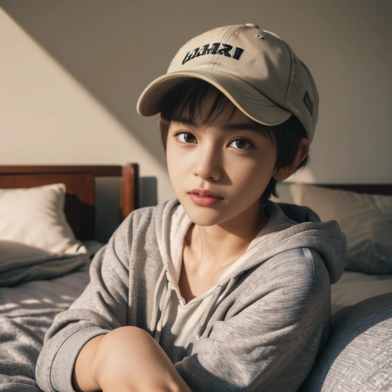 ((8K, RAW Photos, of the highest quality, Masterpieces), High Definition RAW Color Photo Professional Full Body Photo, (Realistic, Photorealism: 1.37), (Highest Quality), (Best Shadows), (Best Illustrations), (超A high resolution, HDTV CG Unified 8K, Physically Based Rendering, Movie Lighting), analog style、UHD 8K, Digital SLR, FujifilmXT3, (Detailed face, Skin Texture)、(short-haired、a pixie cut、Baseball Cap) student、High school students、japanes、eyes large、The upper part of the body、on the beds、PILLOWS、the morning sun、A slender、small tits、Food Hoodie