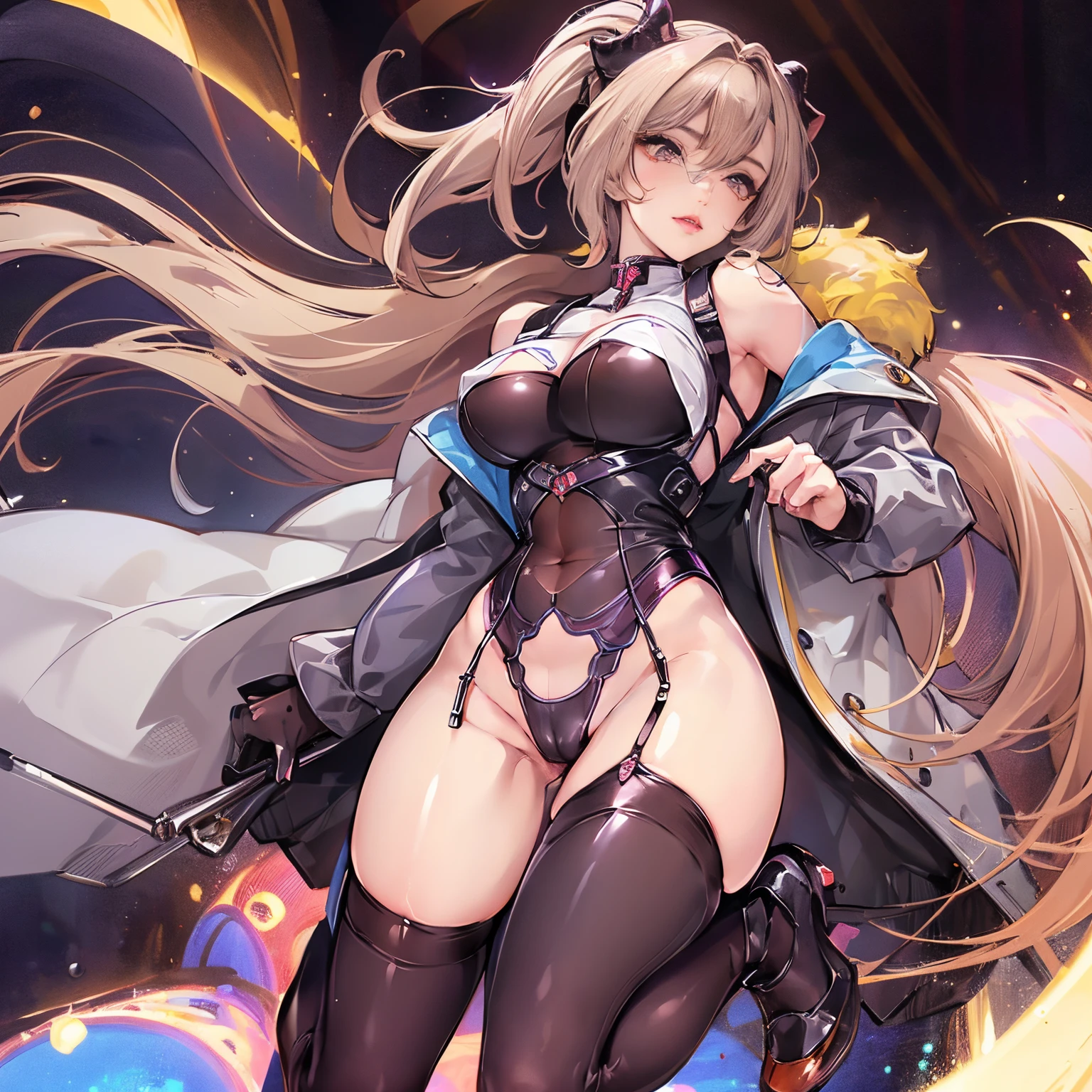 A girl, succubus, Symmetrical sheep's horn, Purple hair, Red lipstick, A beautiful and delicate face, Pornographic underwear(rubber-clothing:1.3), latex-stockings, The devil's tail., Spread your legs., (camel toe, cameltoe, vulvashaped:1.2),(NSFW:0.5), The best quality, masterpiece, Very delicate and beautiful., Very detailed, CG, Unification, Wallpaper, Astonishing, Fine details, Full-body photo, The best quality, Illusory engine, Movie lighting, Ultra high definition, Illustration, Super detail