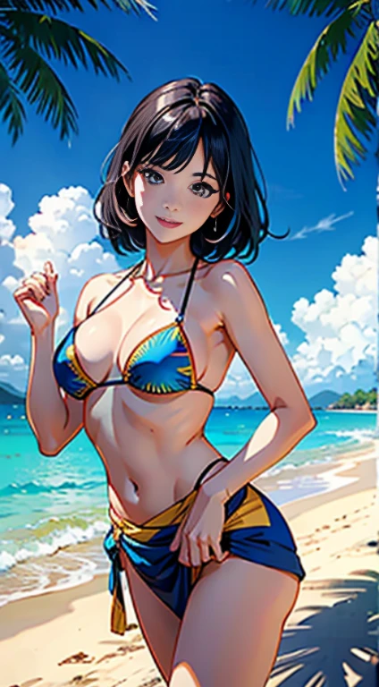 ​masterpiece、top-quality、超A high resolution、 [ 4 k digital art ]!!、 8k high quality detailed art、Wallpaper、 Detailed Digital Anime Art、Realisticity、Cinema Angle、hposing Gravure Idol、1 beautiful girl、cute  face、 ((Detailed depiction of a beautiful face))、kindly smile、年轻、Bikini swimwear、Photorealistic perfect body、(Bold ethnic patterns wrapped around the waist and skirt and plenty of primary colors)、light Particle、llight rays、Tropical、Against the background of palm trees、beach side、On the beach where the sun is shining、Against the background of the sea、blur backgroun、