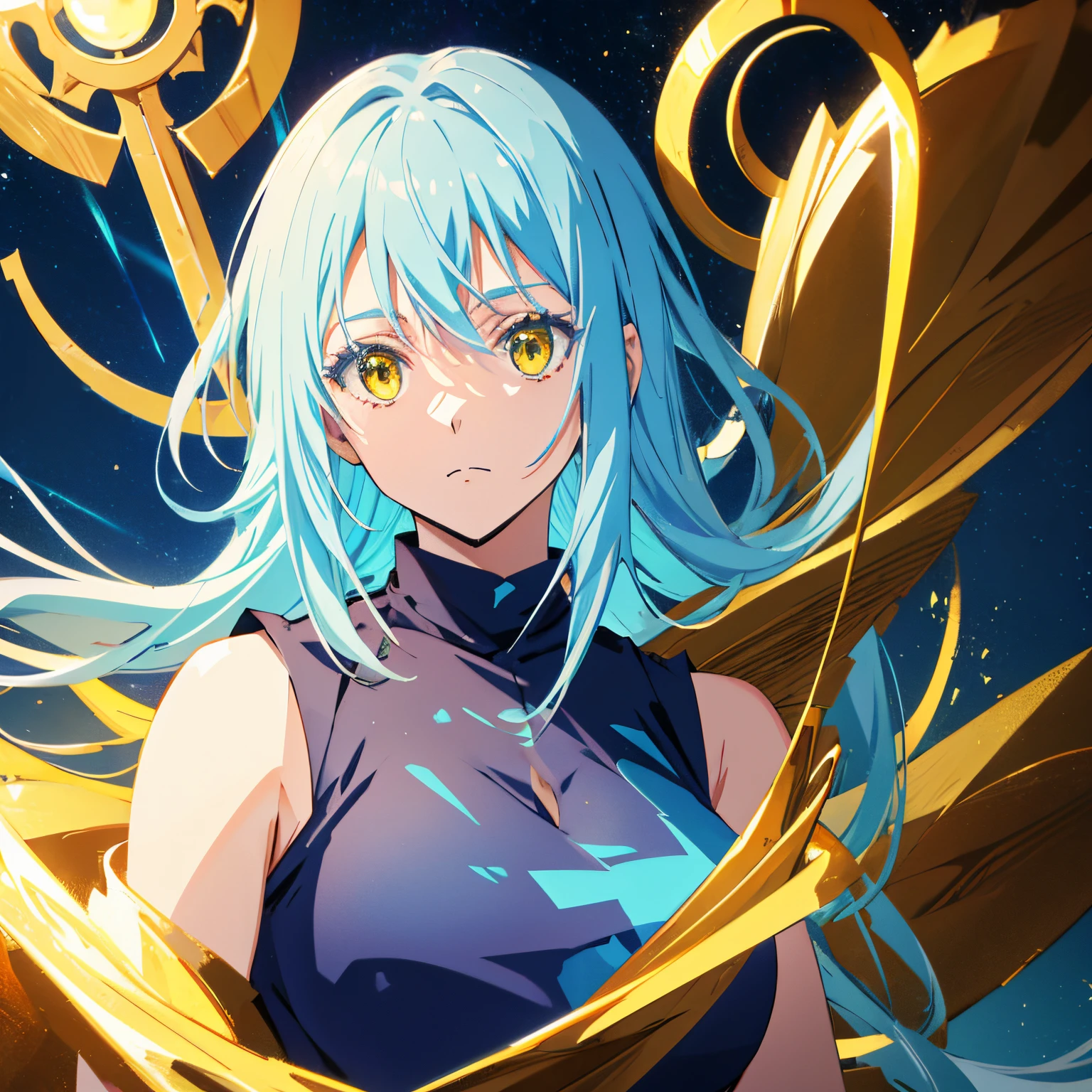 High resolution, high quality, Maste piece, upper body, light blue hair, beautiful yellow eyes, Rimuru solo, one beautiful woman, black sleeveless clothes,