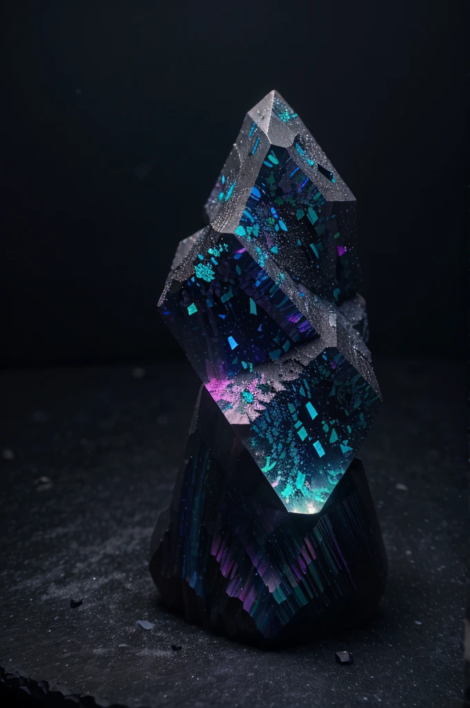 unusual mineral, gradient, dark blue, slightly pink in places, slightly purple, black, glossy, geoid, rough corners, texture, beautiful on black, slightly glowing from inside, hyperrealism, hd, realism, Black Opal Lighting Ridge, fluorite, Burma tourmaline stone around nothing, deep black background around levitation in air