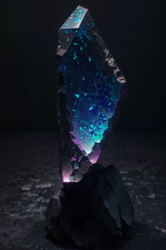 unusual mineral, gradient, dark blue, slightly pink in places, slightly purple, black, glossy, geoid, rough corners, texture, beautiful on black, slightly glowing from inside, hyperrealism, hd, realism, Black Opal Lighting Ridge, fluorite, Burma tourmaline stone around nothing, deep black background around