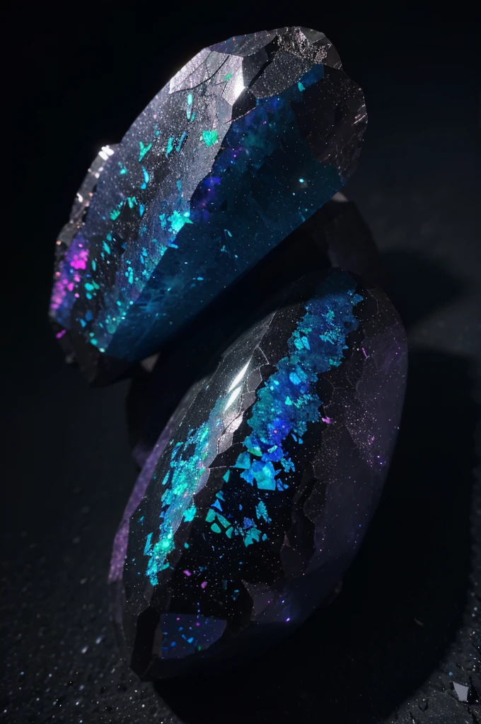 unusual mineral, gradient, dark blue, slightly pink in places, slightly purple, black, glossy, geoid, rough corners, texture, beautiful on black, slightly glowing from inside, hyperrealism, hd, realism, Black Opal Lighting Ridge, fluorite, Burma tourmaline stone around nothing, deep black background around levitation in air