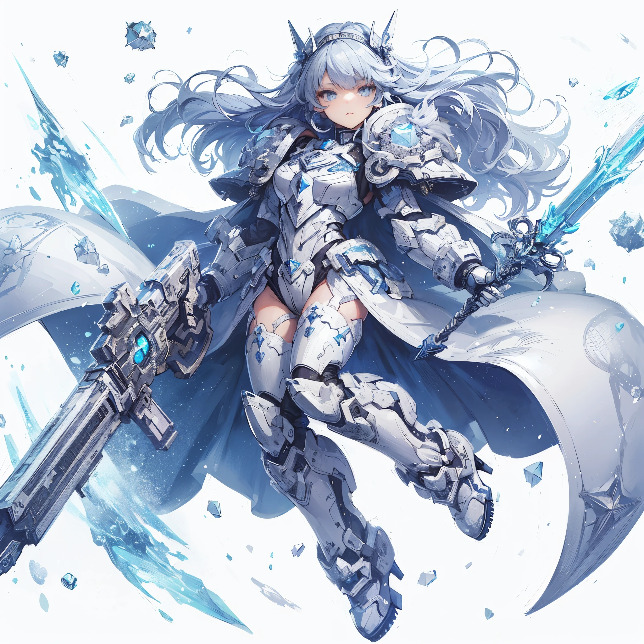 (Masterpiece, best quality), ultra-detailed, anime style, full body Space Marine girl, wearing white power armor, blue and silver hair and black and silver eyes, holding an ice sword, flying diamond dust, wearing high-heeled boots, digital painting, 8k high resolution, trending art station, white background, whole body,