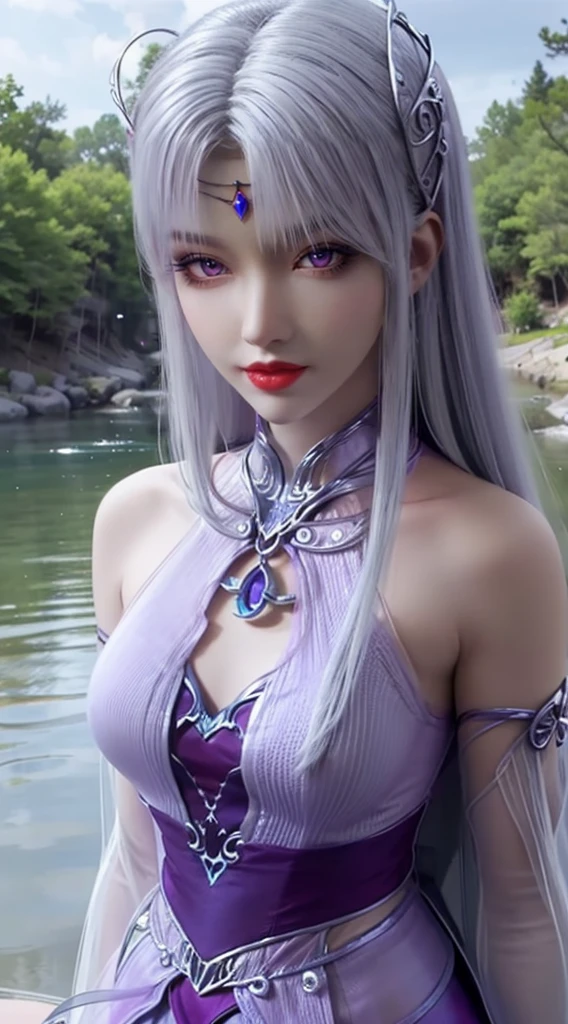 （purple silver）colours，（Whiter），（less purple），neck collar skirt，Sitting in the creek，（Seven-doppelganger portrait）closeup of face