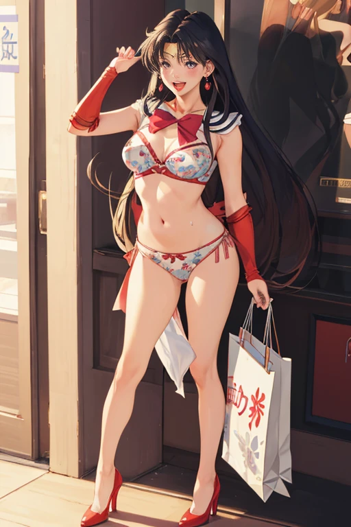 (Solo, 1girl in), (absurderes, ,hight resolution, official wallpaper, poster for), (masutepiece, Best Quality:1.2), (Illustration, Realistic), (perfect  detail, highest details, ighly detailed), Dramatic light，Rei Hino, (Sailor Mars, Blonde hair, Twin-tailed, circlet, Jewelry, Crescent Earrings),((Print Lingerie), (print bra), (printed panties), white thighhig), (dian, mall, Clothing Stores, materia), (blush, excited, Happy, Smile, Open mouth, shopping bags, gushing, Sweat)，Long legs，high-heels，full body Esbian，Moderately meaty，Glamour，bighip