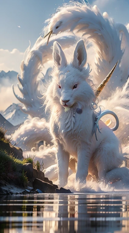 Chinese Big Breasts《Mountain and Sea Sutra》Healthy image IP，Legendary mythical beasts，shaped like a rabbit，The tips of the ears are very long，only a few feet long，Much like a unicorn，Is the ancestor of Qilin， Exquisite, super high precision, hyper-high detail, Perfect lighting OC renderer Blender 8k, Ultra-clear and ultra-noise reduction
