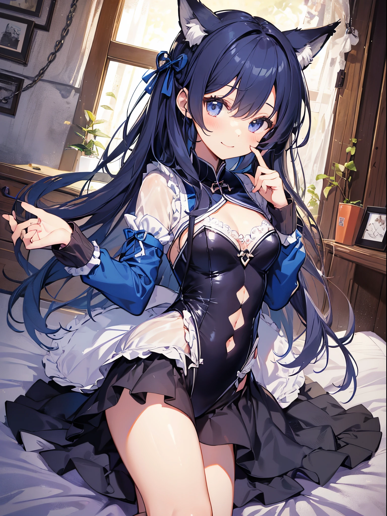 (((Beautiful illustration、top-quality、cute petit girl、Perfect limbs、perfect fingers、perfect anatomia)))、(transform sequence)、((blue maid style leotard))、sixteen years old、Slender beautiful girl、Fractal Art、baby-face、((stright long hair))、beatiful detailed eyes、Happy smiling face、Full Body Display、(1 persons)、long-sleeve、bedroom、a bed、(knee high socks)、is standing、(highleg)、Fox ears、