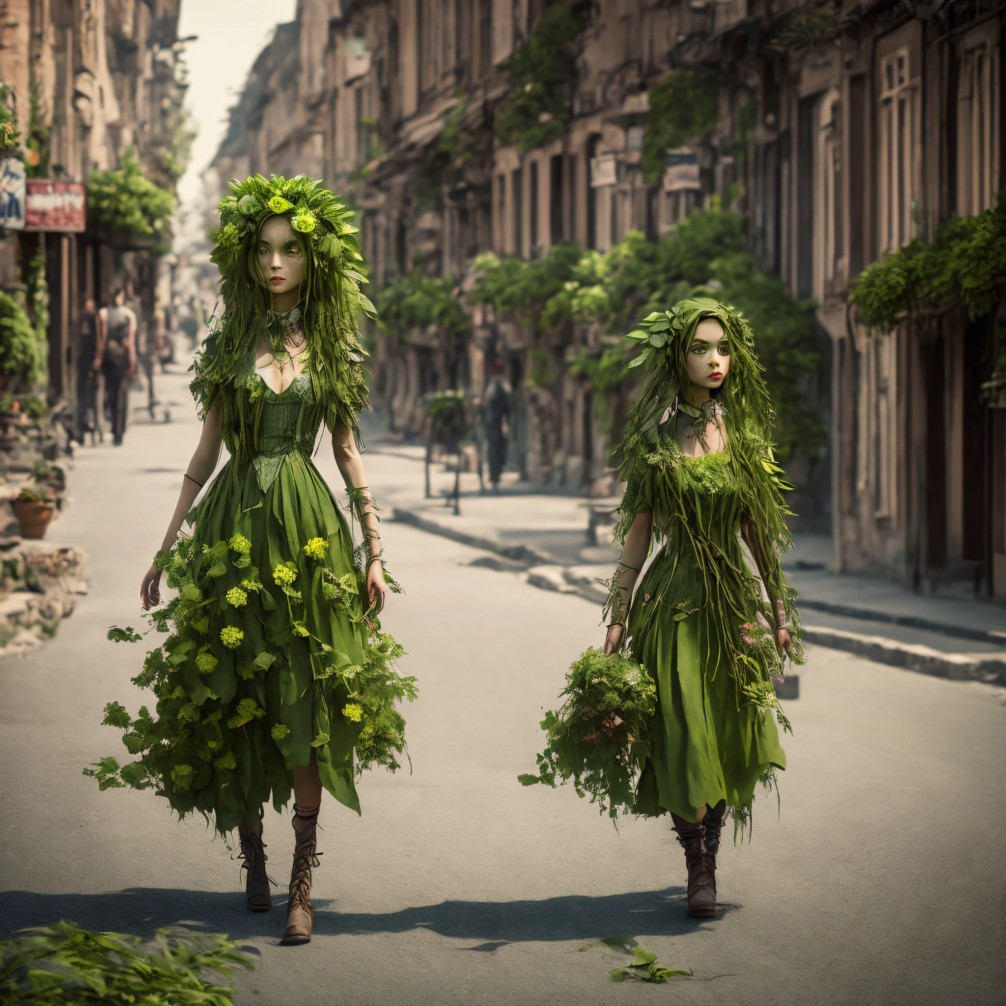 anthropomorphic (anthropoid) female plant walking down the street of a small town, anthropomorphic plant girl, beautiful green face woven from stems, thin green threads of hair are disheveled and on these threads there are predatory flowers, Fantastic, unreal, Fictional character, Cinematic Photo, anthropomorphic plant looks surprised