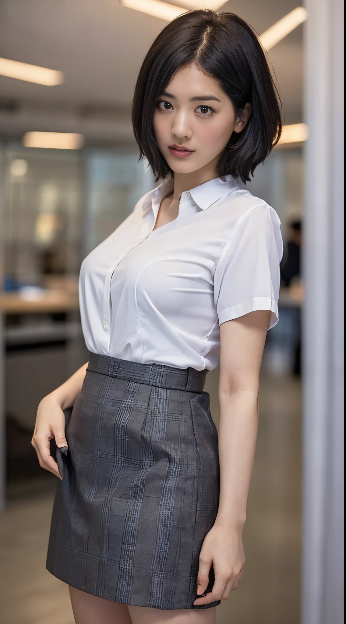 masutepiece, , ,(japanes), (Fantasy Library Background), (((White shirt))),((()))(((Gray office suit tight skirt and office vest))), (),, (Colossal tits), , ,(((Shorthair))(, , (Skin Texture:1.1), Best Quality, 超A high resolution, (Photorealistic: 1.4), Raw photo, , nikon d850 film stock photograph, F1.6 lens, Rich colors, Realistic, cinestill 800, Backlight, Rim lighting, Studio Lighting, ,((( A dark-haired))),(((full body Esbian))(((Facing the front)))(((mediocre figure))),Black eyes