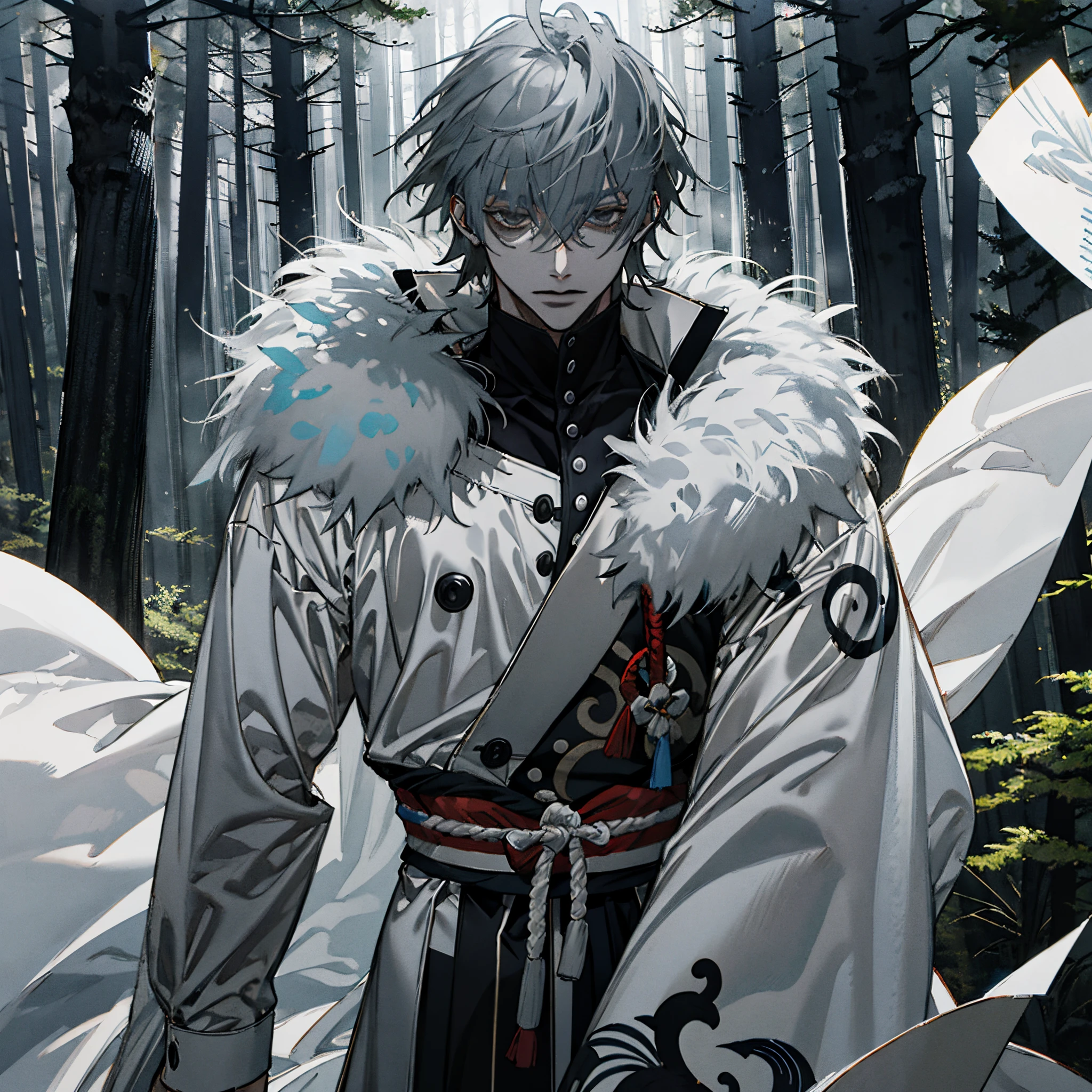 Masterpiece, best quality, high quality, ultra detailed, 1 boy, gray hair, gray eyes, forest, samurai, clothing with elements of fluffy, reference, Anime boy, digital sketch, highest quality digital art, shogun