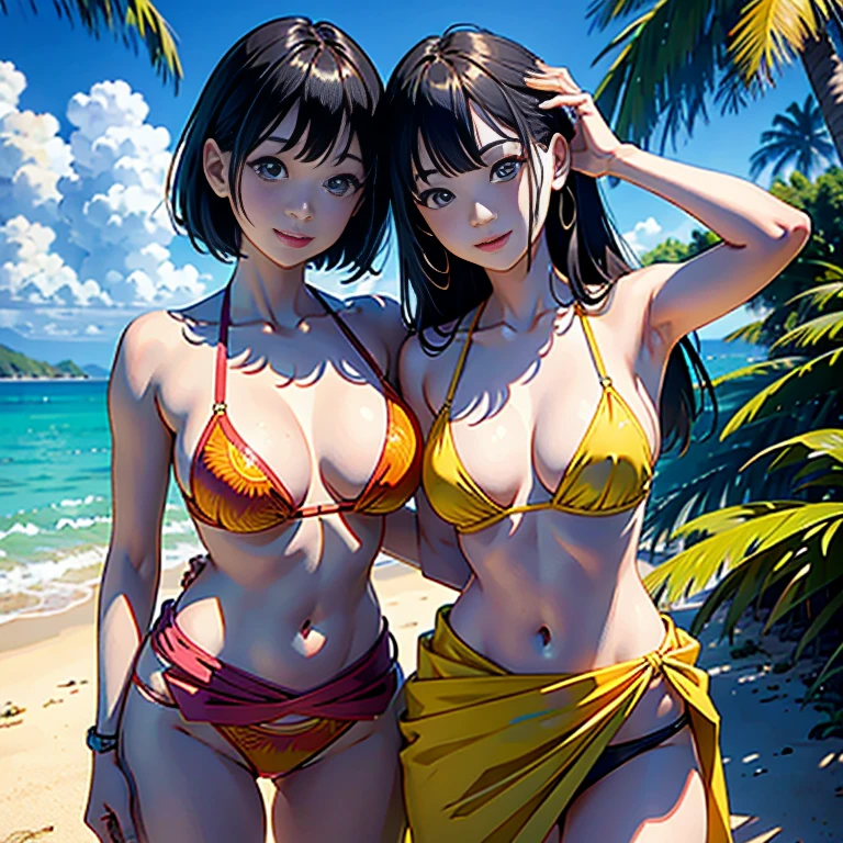 ​masterpiece、top-quality、超A high resolution、 [ 4 k digital art ]!!、 8k high quality detailed art、Wallpaper、 Detailed Digital Anime Art、Realisticity、Cinema Angle、hposing Gravure Idol、1 beautiful girl、cute  face、 ((Detailed depiction of a beautiful face))、kindly smile、年轻、Bikini swimwear、Photorealistic perfect body、(Bold ethnic patterns wrapped around the waist and skirt and plenty of primary colors)、light Particle、llight rays、Tropical、Against the background of palm trees、beach side、on a sunny beach、Against the background of the sea、blur backgroun、