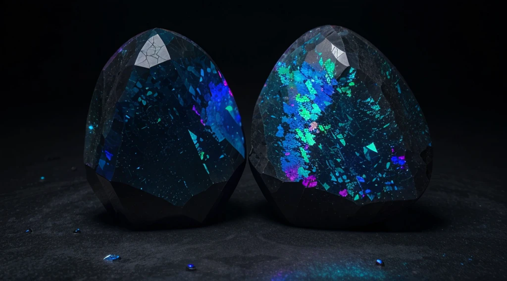 unusual mineral, gradient, dark blue, slightly pink in places, slightly purple, black, glossy, geoid, rough corners, texture, beautiful on black, slightly glowing from inside, hyperrealism, hd, realism, Black Opal Lighting Ridge, fluorite, Burma tourmaline black background around without texture